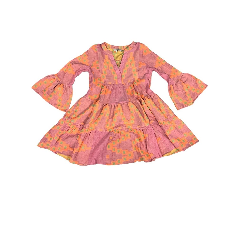 Devotion Twins Ella Mini Dress Womens Sz S Pink Orange New Geometric Bell Sleeve